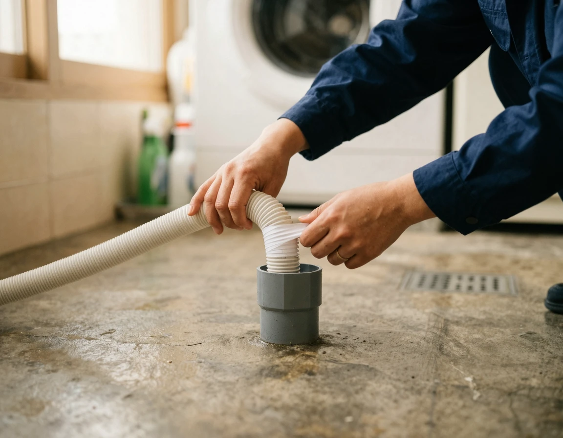 세탁기 배수 호스와 하수구 배관의 틈새를 테이프로 밀폐하는 모습