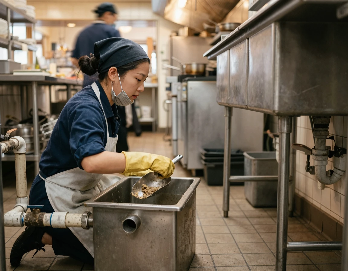 고무장갑을 끼고 업소용 그리스트랩을 청소하는 모습