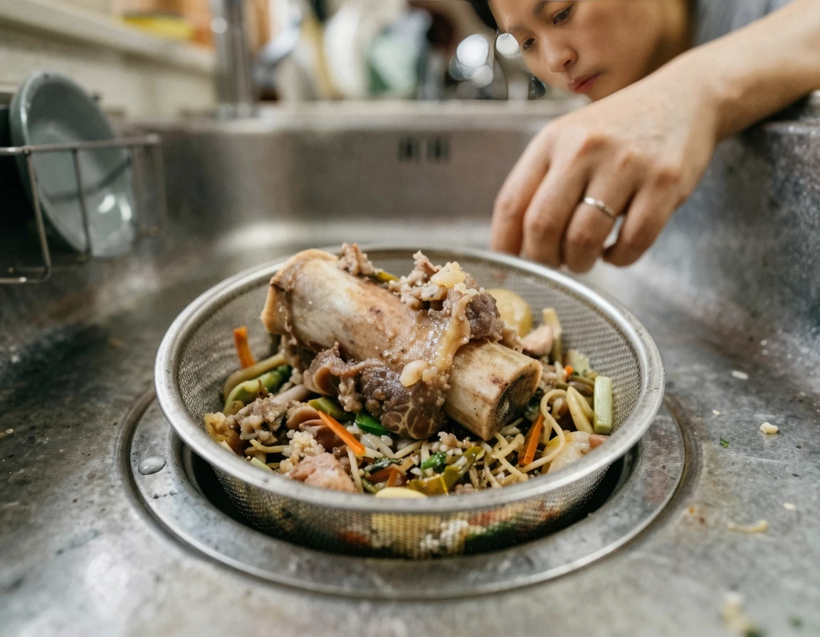 음식물 찌꺼기와 뼈 등이 걸러져 있는 싱크대 거름망