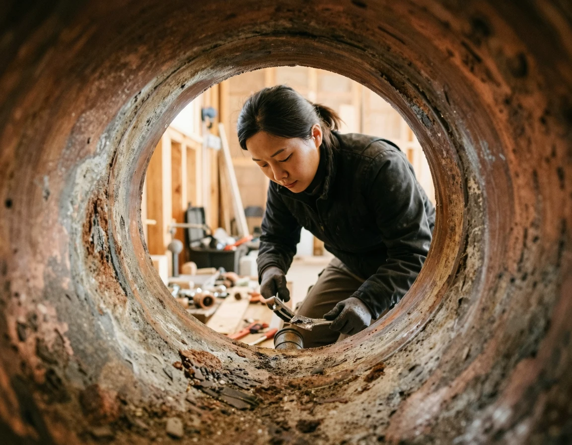 오염물질로 인해 부식이 진행되고 있는 하수구 배관 내부