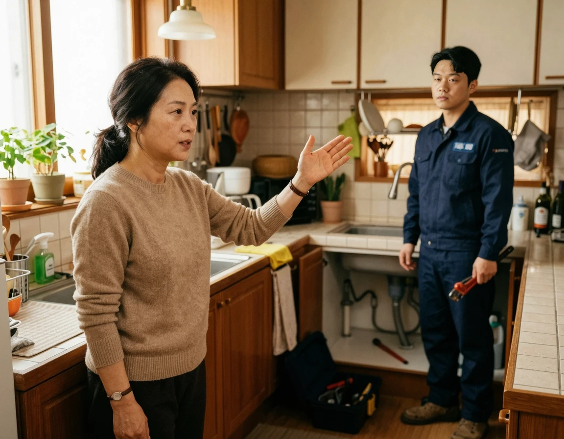 하수구 수리 기사에게 단호하게 의견을 말하는 집주인