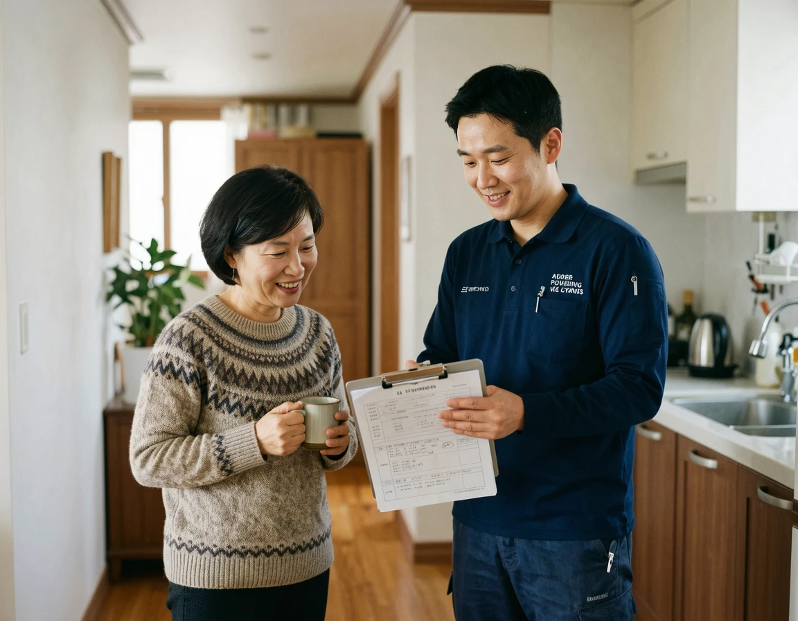 고객에게 수리 내역과 보험 청구 서류를 설명하는 전문가