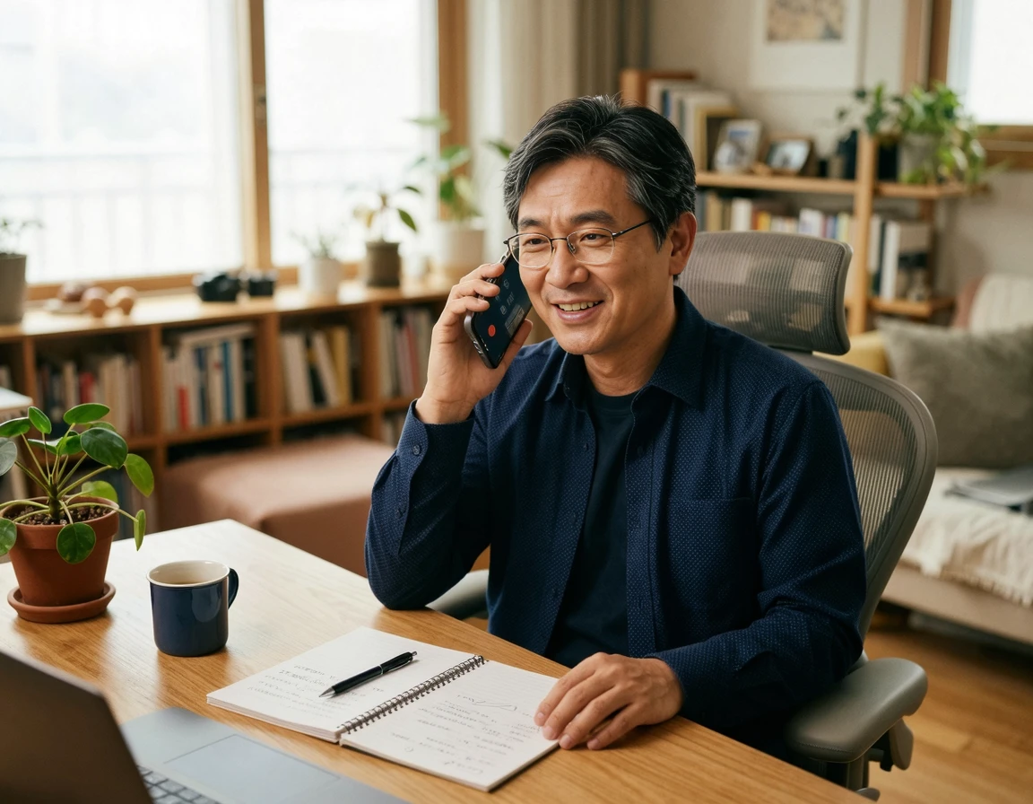 메모장을 앞에 두고 업체와 꼼꼼하게 전화 상담을 하는 모습