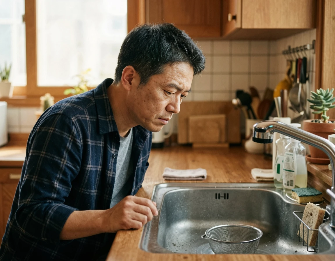 싱크대 배수구를 유심히 관찰하는 남성