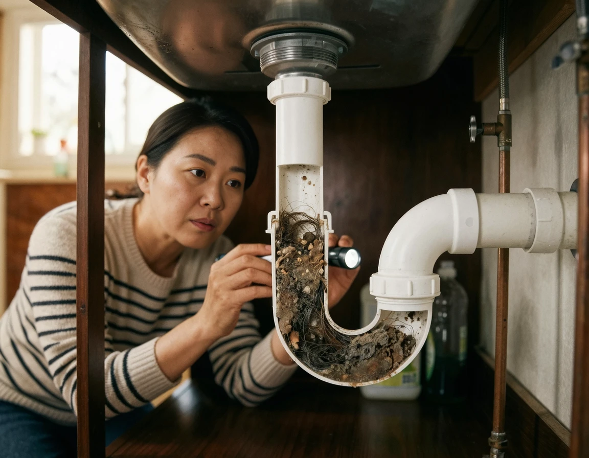 배관 트랩 구간에 꽉 막힌 이물질 압착 현상