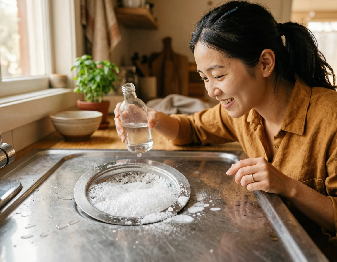 베이킹소다와 식초로 하수구를 청소하는 모습