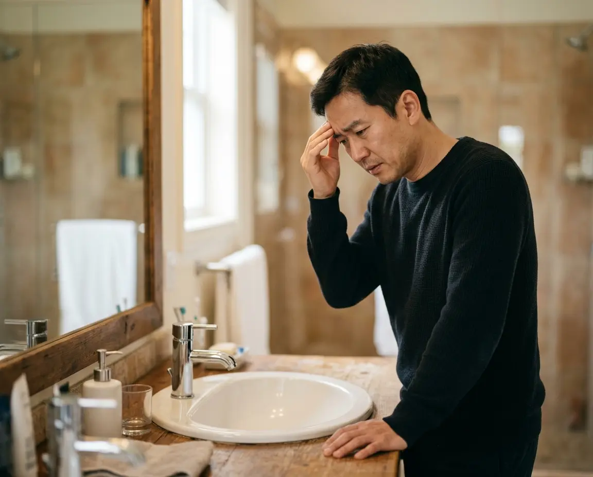 화장실에서 배수구 냄새로 인해 가벼운 두통을 느끼며 이마를 짚고 있는 40대 남성