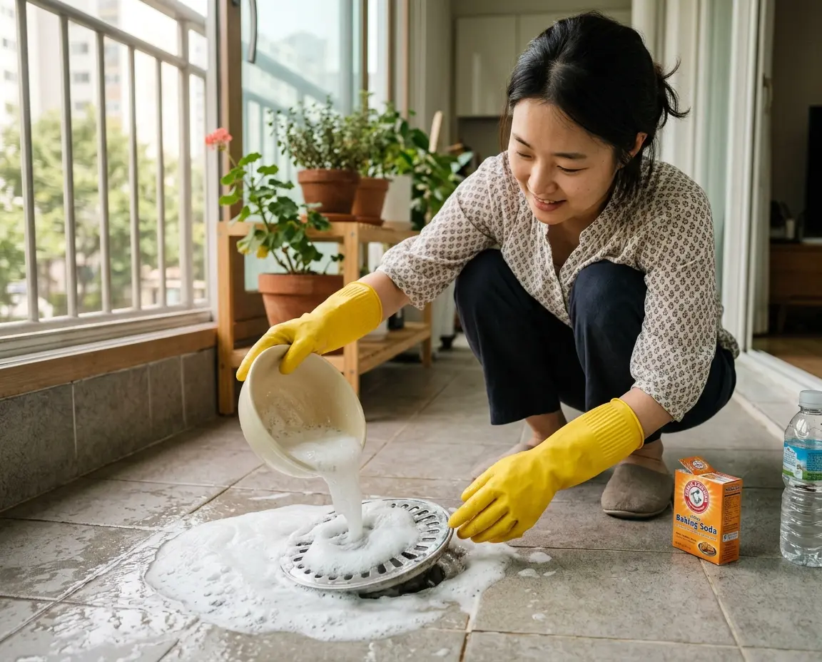 베이킹소다와 따뜻한 물을 이용해 베란다 배수구를 청소하는 모습