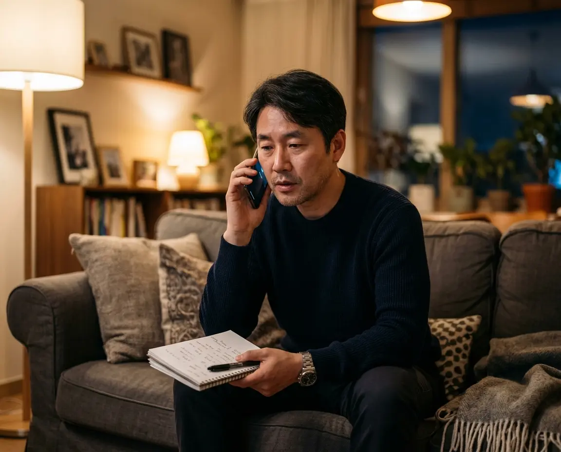 집주인에게 배관 문제를 설명하며 통화하는 세입자