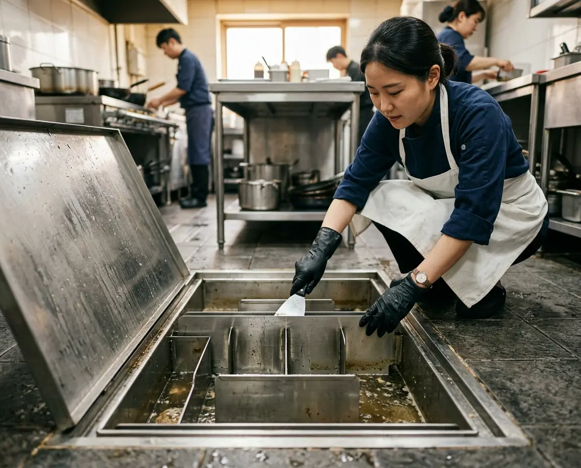 기름때와 찌꺼기를 걸러내는 상업용 주방의 그리스트랩 내부 구조