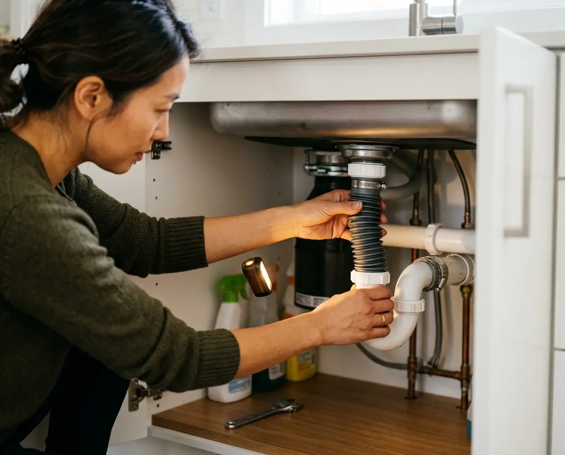 주방 싱크대 하부장 배관 상태를 확인하는 모습