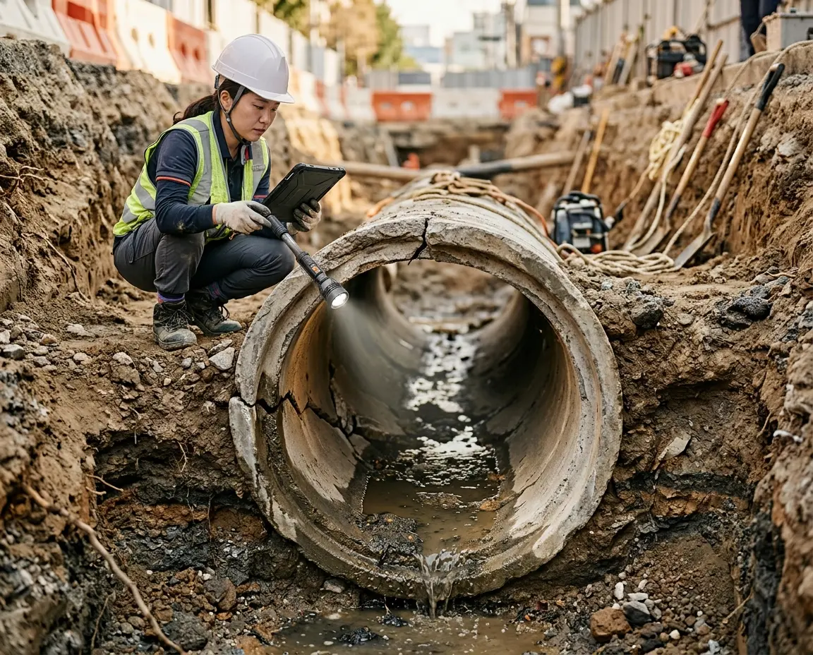 기울기가 무너지고 파손되어 물이 고여있는 노후 배관
