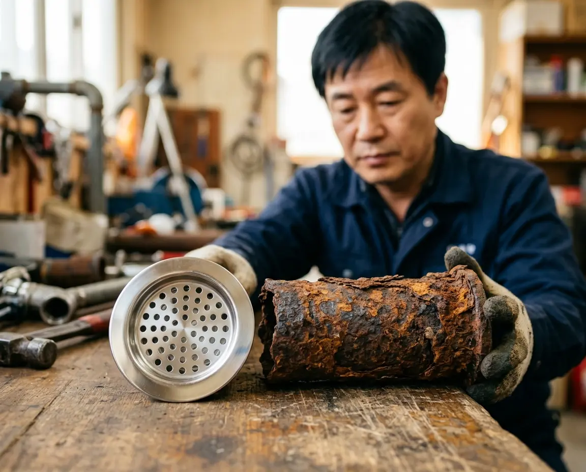 스테인리스와 부식된 주철 배관 비교