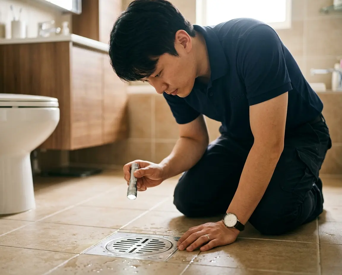 하수구 냄새 원인을 파악하기 위해 배수구를 점검하는 모습